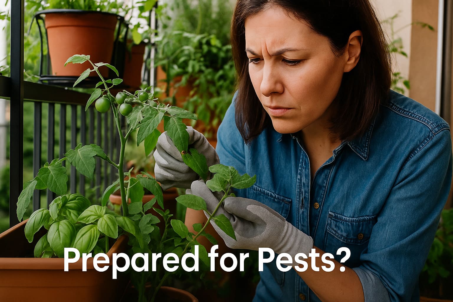 Urban Plant balcony gardening photo of a woman checking leaves for pests — prepared for pests in small-space gardens